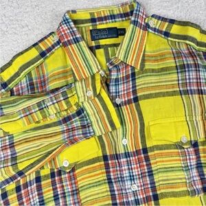 Polo Ralph Lauren Shirt Men XL Yellow Plaid Linen Workshirt Epaulets Preppy